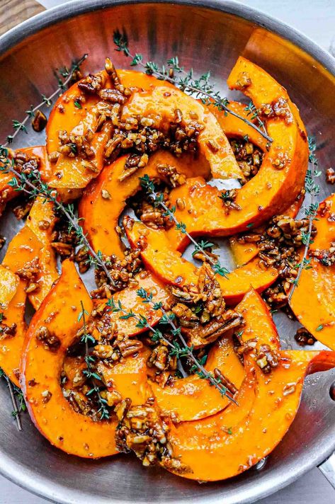 Roasted Red Kuri Squash with Pecans, Honey & Thyme - Cristina's Kitchen Acorn Squash Chickpeas, Roasted Honeynut Squash Recipes, Roasted Red Kuri Squash Recipes, Red Kuri Squash Recipe, Squash Side Dish Recipes, Kuri Squash Recipe, Winter Sides, Rice With Cilantro, Carnival Squash