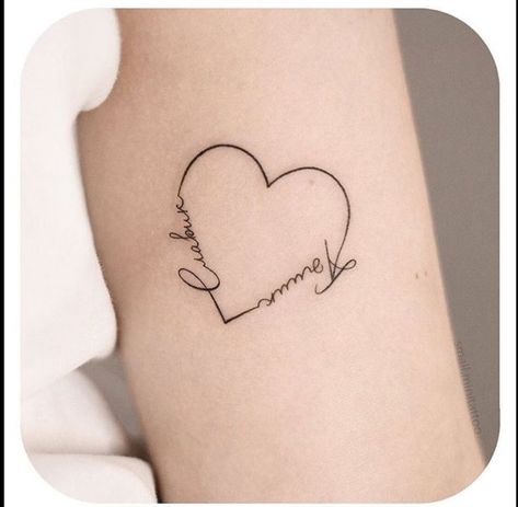 Name Tag Heart Tattoo for the Eternal Love Two Name Heart Tattoos, Simple Heart Wrist Tattoo, Double Heart Tattoo With Initials, Heart And Name Tattoo Ideas, Love Heart Name Tattoo, Heart Names Tattoo, Dainty Heart Tattoos For Women, Tattoo Heart With Names, Two Hearts Together Tattoo