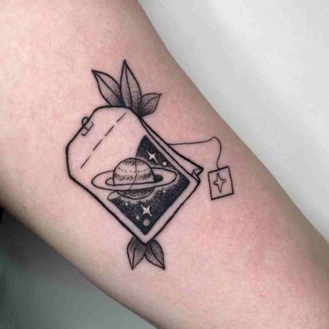 Planet Her Tattoo, Tarot Style Tattoo, Tarot Tattoo Ideas Small, Juicebox Tattoo, Teabag Drawing, Saturn Tattoo Design, Planets Tattoo Design, Large Tattoo Ideas, Tea Bag Tattoo