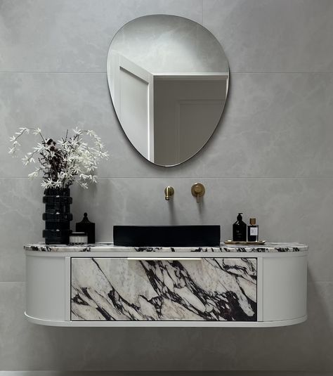 Marble Benchtop, Nood Co, Luxury Vanity, Calacatta Viola, Gold Drawer Pulls, Round Sink, Concrete Walls, Concrete Sink, Marble Sinks