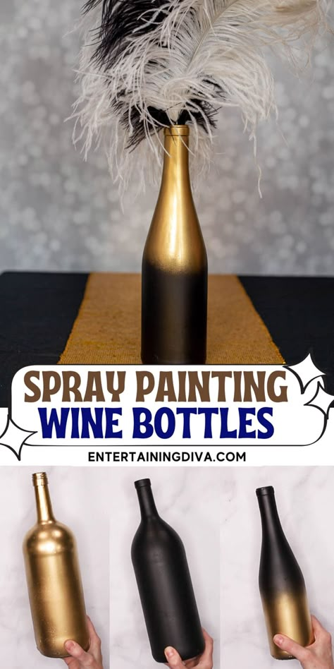 Gold Wine Bottles, Glam Centerpieces, Gold Glitter Spray Paint, Spray Painted Wine Bottles, Black And Gold Centerpieces, Chic Centerpieces, Inexpensive Centerpieces, Matte Black Spray Paint, Gatsby Party Decorations