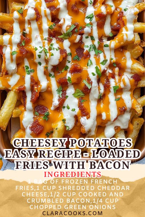 Cheesey Potatoes Easy Recipe - Loaded Fries with Bacon Tommy Fries, Loaded Fries Recipe, Poutine Fries, Penne Pasta Recipes, Potatoes Easy, Crispy Fries, Frozen French Fries, Loaded Fries, Vegetarian Thanksgiving