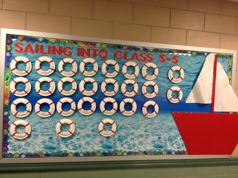 "Sailing Into..." Bulletin Board Sailing Bulletin Board, Nautical Bulletin Boards, Classroom Windows, Animal Print Classroom, Patriotic Classroom, Trendy Classroom, Nautical Classroom Theme, Cruise Theme, Nautical Classroom