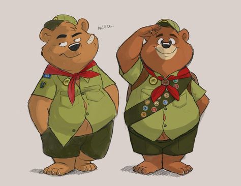 Cute Bear Character Design, Scout Character Design, Scout Illustration, Nerd Character, Bear Character Design, Bear Character, Tmnt Artwork, Art Boy, Animal Character