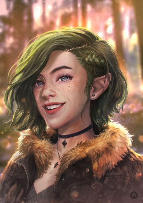 Brown Hair, Green Hair, Hair, Half Elf, Digital Painting, Elf, Green