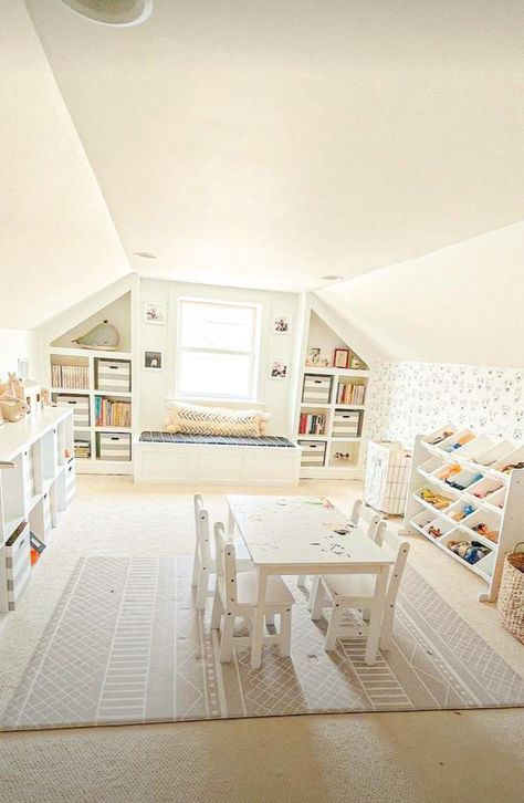 Playroom Ideas Attic, Playroom Over Garage, Bonus Space Above Garage, Playroom Above Garage, Vaulted Ceiling Playroom, Office Attic Ideas, Finished Attic Playroom, Small Attic Playroom, Room Over Garage Ideas