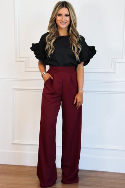 Maroon Wide Leg Pants Outfit, Maroon Outfits For Women, Wine Pants Outfit Work, Chic Burgundy Wide Leg Pants, Elegant Burgundy Wide Leg Pants, Bordo Pants Outfits, Chic Burgundy Workwear Pants, Burgundy High-waisted Pants For Fall, Burgundy Pants Outfit Work