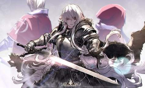 Safebooru - 1boy 2girls armor blonde hair brown eyes cape copyright name elf facing away gauntlets glint grey knight julia hood laurel knight sylvester leslie the moon queen long hair looking at viewer multiple girls pixiv fantasia pixiv fantasia last saga pointy ears purple hair red cape red hood ryuuzaki ichi simple background standing sword very long hair weapon | 2821616 Elf Knight, Pixiv Fantasia, Hair Male, Pointed Ears, Knight Art, Anime Warrior, Character Design Animation, Fantasy Concept Art, Armor Concept