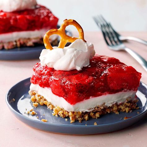 Strawberry Pretzel Salad — Taste of Home Raspberry Jello Salad, Raspberry Jello, Strawberry Pretzel Salad Recipe, Strawberry Pretzel Dessert, Pretzel Desserts, Cranberry Cheesecake, Strawberry Pretzel Salad, Pretzel Salad, Pretzel Crust