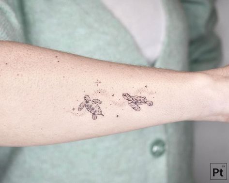 Friendship Turtle Tattoos, Sea Turtle And Butterfly Tattoo, Wrist Turtle Tattoo, Small Turtles Tattoo, Delicate Turtle Tattoo, Two Sea Turtles Tattoo, Mini Sea Turtle Tattoo, Two Turtles Tattoo, Swimming Turtle Tattoo