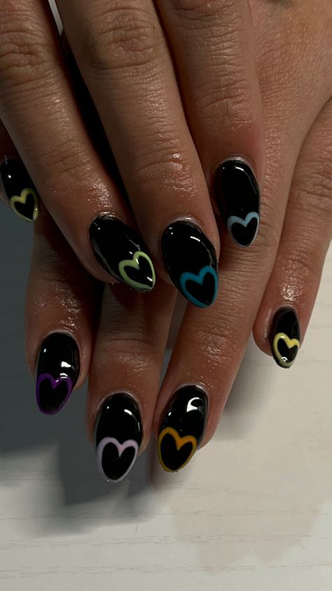 Black Nails With Heart Design, Black Valentine’s Day Nails, Black Heart Nail Designs, Black Valentines Day Nails, Black Heart Nails, Nexgen Nails, Heart Nail Designs, Nail Collection, Black Acrylic Nails