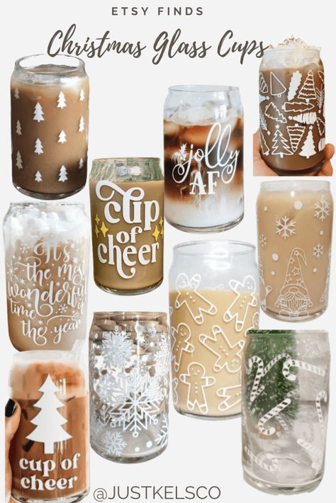 Glass Jar Cricut Ideas, Christmas Cup Vinyl Ideas, Christmas Cricut Mugs, Christmas Cup Cricut, Glass Tumblers With Vinyl Ideas, Cricket Christmas Projects, Cricut Christmas Cups, Christmas Glass Cups Vinyl, Christmas Tumblers Ideas