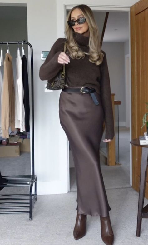 Silk Skirt Business Outfit, Long Skirt Winter Outfit Classy, Olive Silk Skirt Outfit, Winter Special Occasion Outfit, Chocolate Satin Skirt Outfit, Chocolate Leather Skirt Outfit, Brown Satin Maxi Skirt Outfit, Professional Maxi Skirt Outfit, Brown Satin Skirt Outfit Winter