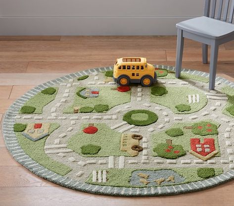 Play in the Park Round Rug | Pottery Barn Kids Kids Rugs Playroom, Couture Montessori, Kids Room Carpet, Tufting Ideas, Map Nursery, Nursery Carpet, Baby Aesthetic, Living Room Playroom, Latex Allergy