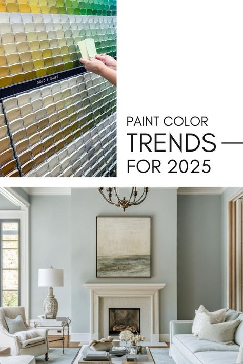 Wondering what colors will be trending for home decor in 2025? Here’s a look at the new paint color trends for 2025, based on insights from experts like Sherwin-Williams, Benjamin Moore, and Behr! Great Room Colors Sherwin Williams, Seattle Grey Benjamin Moore, Wickham Gray Benjamin Moore Living Room, Living Room Built In Paint Colors, Behr Drizzle Paint Color, Benjamin Moore Boys Room Colors, Painting Ideas Home Interior, Benjamin Moore 2025 Colors, Living Room Paint Color Ideas Benjamin Moore