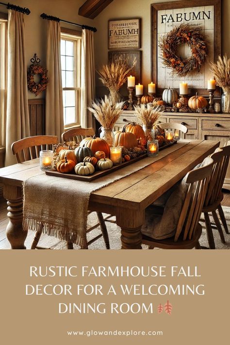 Transform your dining room into a cozy, rustic retreat this fall with warm, earthy tones and natural elements. This farmhouse setup features a beautiful mix of pumpkins, wheat bundles, and soft candlelight, all arranged on a wooden table with a burlap runner. It's the perfect way to bring the warmth and charm of the season into your home, making it ready for intimate gatherings or family dinners. Get inspired to create your own fall haven! 🍁 #FallDecor #FarmhouseStyle #CozyHome Earthy Dining Room Decor, Farmhouse Fall Dining Table Decor, Earthy Dining Room, Rustic Farmhouse Fall Decor, Farmhouse Dining Room Decor Ideas, Fall Dining Room Decor, Farmhouse Dining Room Decor, Fall Dining Table Decor, Wood Table Rustic