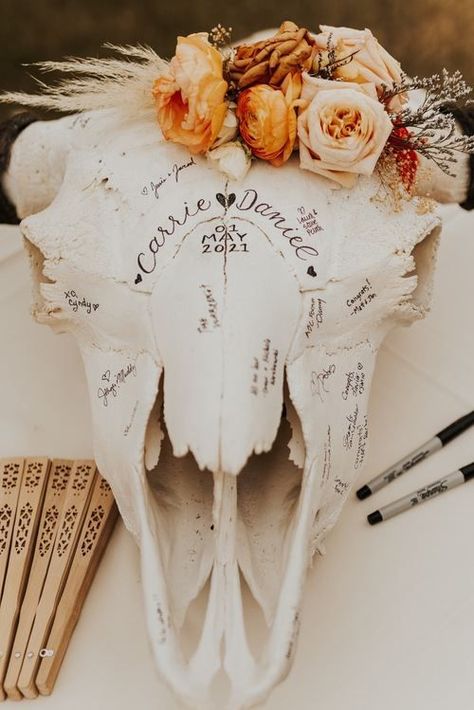 Boho Wedding Guest Book, Ranch Style Weddings, Western Wedding Decorations, Southwestern Wedding, Bison Skull, Western Style Wedding, Tucson Wedding, Western Themed Wedding, Tulip Wedding