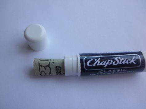 empty chapstick container to hide cash, passwords, codes etc Credit Card Machine, Hide Money, Card Machine, Pant Hangers, Hiding Spots, Red Stain, Chapstick Holder, Simple Life Hacks, Nail Varnish