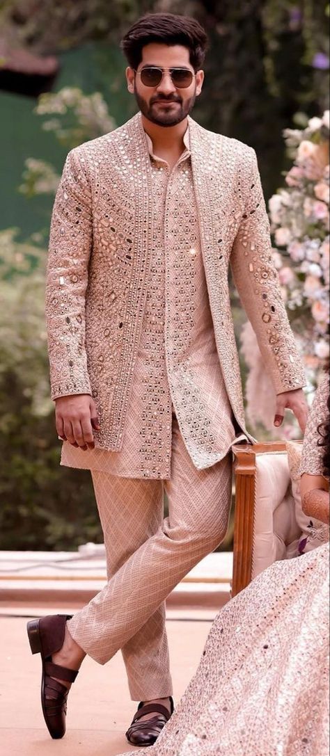 Engagement Look Men Indian, Reception Wear Men, Sangeet Sherwani For Groom, Shimmer Kurta For Men, Haldi Men Outfit Groom, Reception Outfits For Groom, Men Sherwani Designs Style, Wedding Wear For Men Indian, Mens Indian Wear Wedding