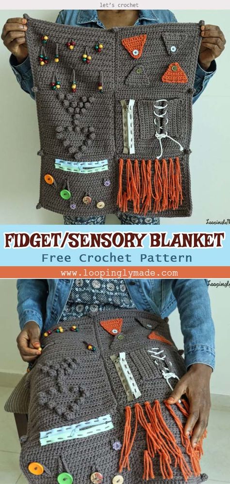 Crochet Fidget Blanket Alzheimers, Crochet Sensory Toys Amigurumi, Crochet Weighted Blanket Free Pattern, Crochet Montessori Toys Free Pattern, Fidget Blankets Alzheimers Diy, Crochet Sensory Book, Sensory Crochet Patterns, Fidget Blankets How To Make A, Fidget Quilt Alzheimers Patterns