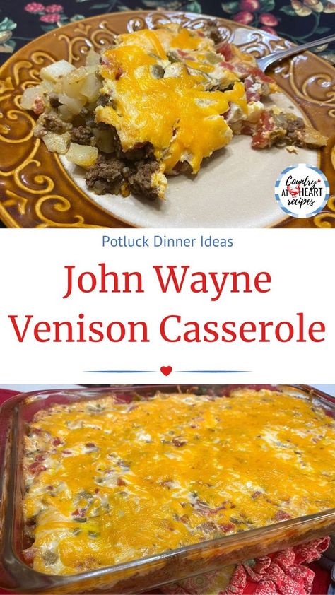 Potluck Dinner Ideas, Venison Casserole, Canned Venison, Recipes Potluck, Ground Venison Recipes, John Wayne Casserole, Deer Recipes, Ground Venison, Meat Casserole