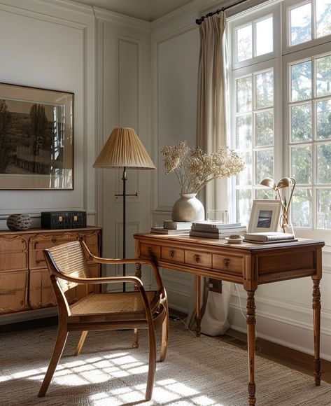 This home office is a perfect blend of functionality and timeless charm. The warm wood tones and elegant detailing create an inviting and productive space, complemented by abundant natural light. How do you keep your home office inviting? Let us know in the comments! ••• Follow @newmodehome for more design inspiration and tips. #HomeOffice #WorkspaceInspiration #InteriorDesign #ProductivityTips #ClassicDecor #HomeStyling #OfficeGoals #MyNMH #NaturalLight #TimelessDesign #SMMakelifebeautif... Study Room Classic, Historic Home Interiors, Warm Wood Tones, Home Board, Wood Tones, Home Office Space, Classic Decor, More Design, Classic Furniture