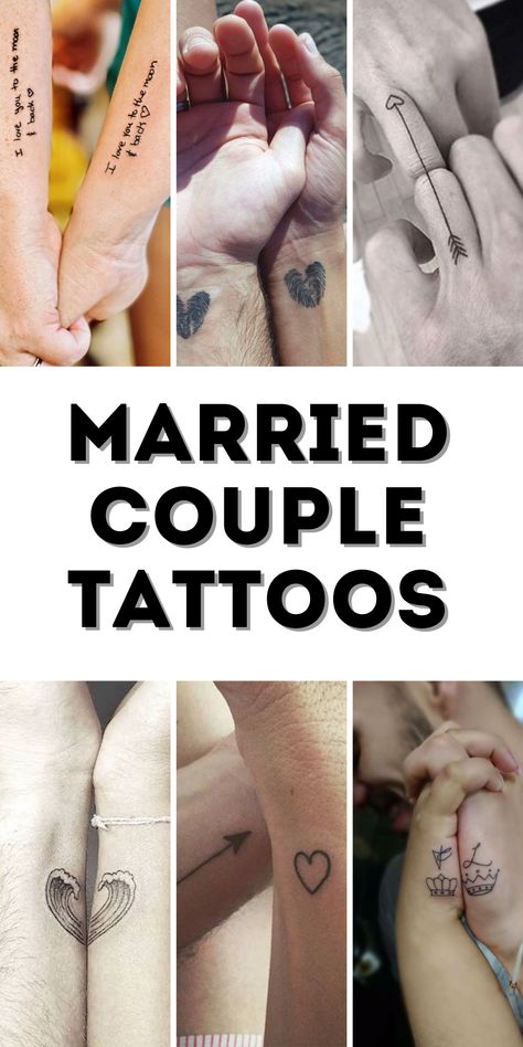 Mr And Mrs Tattoo Ideas, Minimalist Wedding Tattoo, Husband And Wife Small Tattoos, Couples Spiritual Tattoos, Couple Tattoos That Connect, Tattoos With Meaning For Couples, Celtic Love Knot Tattoo Couples, Symbols Of Love Tattoo, Husband And Wife Finger Tattoos