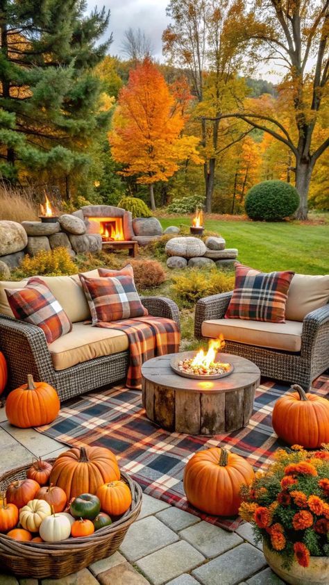 Pumpkin Patch Decorating Ideas Indoor, Fall Outdoor Space, Pumpkin Cottage, Backyard Oasis Ideas, Cozy Fall Bedroom, Fall Thanksgiving Decor, Fall Bedroom, Diy Fire Pit, Fall Outdoor Decor