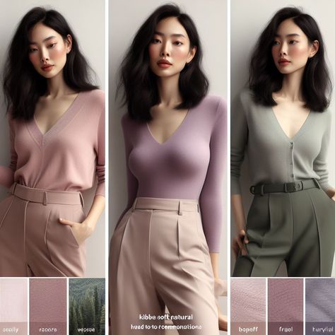 Muted Color Combos, Summer Tone Outfit, Soft Summer Theatrical Romantic, Muted Color Palette Outfits, Muted Colour Outfits, Mute Summer Outfit Ideas, Soft Summer Outfits For Fall, Soft Autumn Business Casual, Summer Mute Cool Tone Outfit