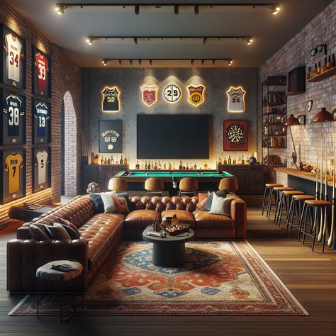 A man cave seamlessly blends modern and vintage elements. A large TV sits on a brick wall and a mini-bar invites relaxation. Neon signs mix with worn team jerseys on the walls. A pool table and a pinball machine add a dose of fun, while a worn-out oriental rug sits on a polished floor. The entire place is lit by spotlights creating a cozy ambiance. #ManCave #InteriorDesign #VintageDecor #ModernLuxury #HomeBar #GameRoom Unique Man Cave Ideas, Home Lounge Room Bar, Modern Man Cave, Bar Nook, Whiskey Lounge, Garage Game Rooms, Male Aesthetic, Whiskey Room, Home Bar Rooms