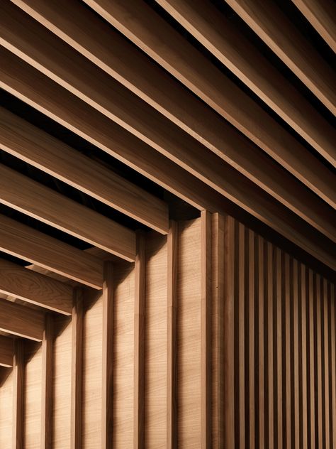 Mountain Interiors, Timber Slats, Ceiling Detail, Hospital Interior Design, Tapas Bar, Restaurant Concept, Architectural Section, Lobby Design, Timber Cladding