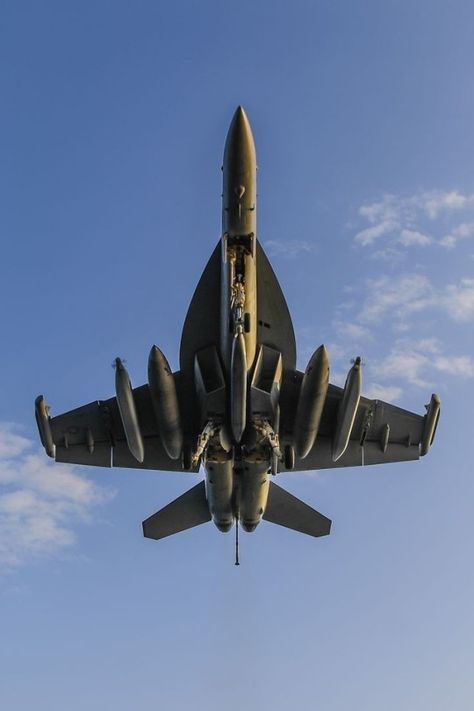 vbeserk: “ An EA-18G Growler assigned to the Cougars of Electronic Attack Squadron (VAQ) 139 approaches the flight deck of the aircraft carrier USS Theodore Roosevelt (CVN 71) ” Navy Pilot, Photo Avion, Us Navy Aircraft, Us Military Aircraft, Super Hornet, Airplane Fighter, Military Airplane, Air Fighter, Navy Aircraft