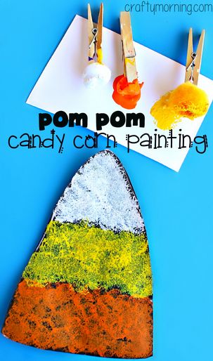 Candy Corn Craft using Pom Poms to Paint #Halloween craft for kids to make! #Fall | CraftyMorning.com Candy Corn Craft, Corn Craft, Candy Corn Crafts, Halloween Art Projects, Halloween Creative, October Crafts, Halloween Crafts For Toddlers, Spooky Art, Halloween Preschool