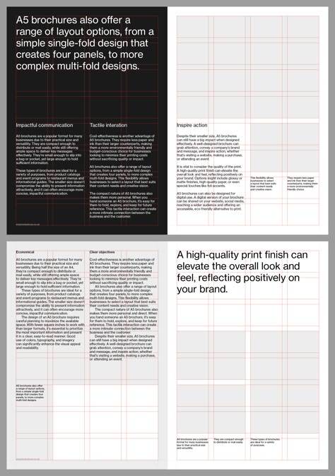 A5 brochure grid system template for Adobe InDesign, designed with Swiss-inspired precision and clean typography. Perfect for brands and designers seeking impactful, concise layouts. With a structured grid system, it ensures readability and a professional aesthetic, ideal for brand booklets, and promotional materials.This template helps you create professional, high-quality brochures that reflect your brand’s identity and message effectively. Graphic Design Grids Layout, Grid Layout Magazine, Magazine Grid Layout Design, Brochure Grid Layout, Hierarchical Grid Design, Swiss Design Grid System, Modular Grid Layout Magazine, Grid Based Design, Indesign Grid Layout