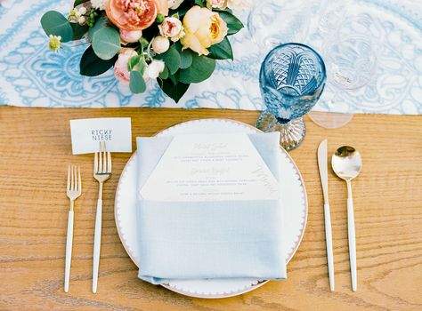 La Tavola Fine Linen Rental: Liv Sky Table Runner with Tuscany Ocean Napkins | Photography: Jen Rodriguez Photography, Venue: Green Gate Ranch, San Luis Obispo, Planning: Vanessa Noel Events, Florals: Noonan's Wine Country Designs, Calligraphy: Nicole Miyuki Santo, Paper Goods: Prim and Pixie, Tabletop Rentals: All About Events, Furniture: Avenue Twelve Rentals Floral Wedding Place Settings, Backyard Wedding Place Settings, Wedding Tableware Place Settings, Airy Wedding Decor, Airy Wedding, Handmade Napkins, Wedding Tableware, Reception Tablescapes, Table Place Settings