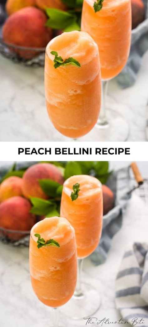 Fresh Peach Bellini Recipe, Olive Garden Peach Bellini Recipe, Peach Brunch Ideas, Peach Puree Recipe, Peach Food Ideas, Peach Garnish, Brunch Drink Ideas, Sweet Cocktail Recipes, Frozen Peach Bellini Recipe