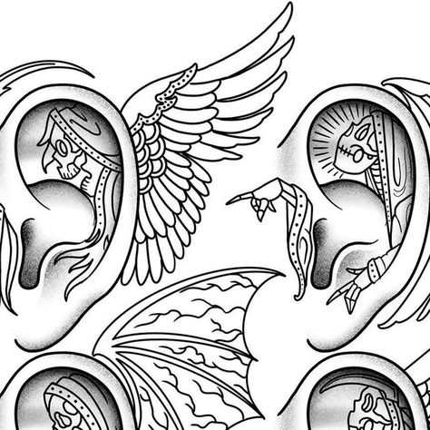 Grim Reaper Ear Tattoo, Ear Tattoo Design For Men, Traditional Ear Tattoo, Angel Ear Tattoo, Demon Whispering In Ear Tattoo, Angel Whispering In Ear Tattoo Design, Ear Tattoo Men, Ear Tattoos For Men, Tattoo Ear