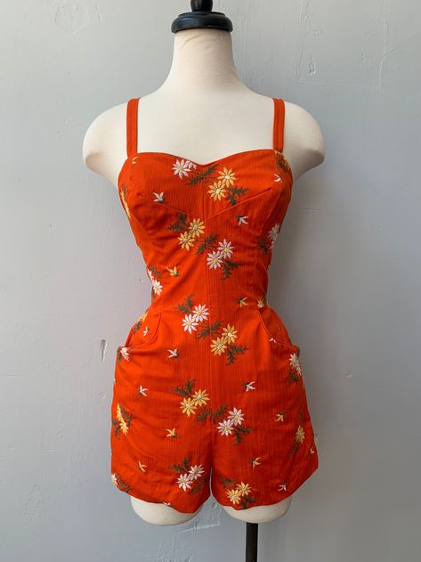 1960s Orange Daisy Embroidered Playsuit Romper/Swimsuit | Dela Deville's Vintage 60s Playsuit, Orange Daisy, Romper Swimsuit, Vintage Romper, Button Holes, Playsuit Romper, No Brand, Department Store, Playsuit