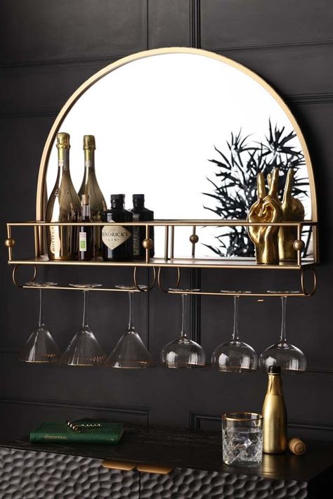 Wall-Mounted Gold Metal Bar Shelf With Mirror | Rockett St George Shelf With Mirror, Drink Shelf, Solid Oak Sideboard, Playroom Makeover, Wall Mounted Bar, Art Deco Sideboard, Bar Shelf, Rockett St George, Home Bar Designs