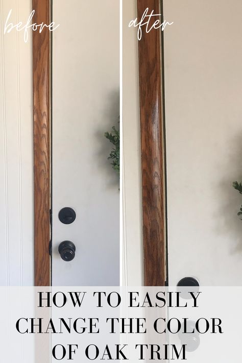 A Crazy Easy Way to Update Oak Trim - MY CHIC OBSESSION Paint With Orange Wood Trim, Paint Colors With Orange Wood Trim, Best Paint With Wood Trim, Bedrooms With Oak Trim, Gel Stain Over Honey Oak Trim, Orange Oak Trim, Update Oak Trim, Orange Wood Trim, Orange Oak Cabinet Makeover