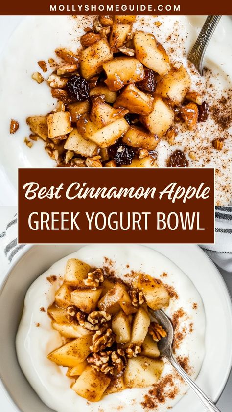 Indulge in a delicious and nutritious breakfast with this flavorful cinnamon apple Greek yogurt bowl recipe. The creamy Greek yogurt pairs perfectly with the sweet and tart flavors of fresh apples and warm cinnamon. This easy-to-make breakfast is not only satisfying but also packed with protein, fiber, and vitamins to help you start your day on the right foot. Treat yourself to a wholesome meal that's as tasty as it is good for you! Apple And Yogurt Recipes, Greek Yogurt Breakfast Ideas, Greek Yogurt Breakfast Recipes, Apple Yogurt Bowl, Apple Greek Yogurt, Greek Yogurt Recipes Breakfast, Greek Yogurt Recipes Healthy, Greek Yogurt Breakfast Bowl, Greek Yogurt Snacks