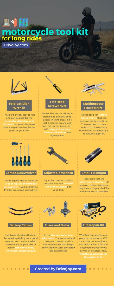 Long, grueling rides need the right motorcycle toolkit. When we criss-cross urban roads and highways, we are bound to find motorcycle mechanics to fix our bikes, if they come up short. However, when we head over to the hinterlands, off-roading, we need the right set of tools to fix our motorcycles. This infographic lists 10 things you should carry in your tool kit before you head out for a long ride. Motorcycle Tool Kit, Learn To Ride A Motorcycle, Diy Motorcycle Accessories, Motorcycle For Beginners, How To Ride A Bike, How To Ride A Motorcycle, Motorcycle Infographic, Motorcycle Essentials, Bike Riding Tips