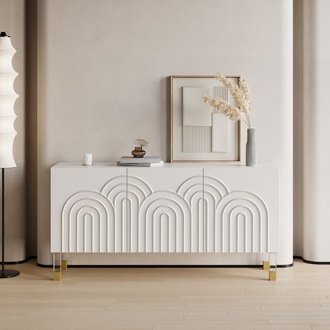 Make a statement as a storage space and include any advantages with this distinctive design sideboard. Introduce a warm and soft element to your room space and as a memorable item. MDF and acrylic construction make themselves durable, which is also weight capability and standing balance with the metal legs for the long term. Add beautiful versatile storage space to any home with this sideboard. Mdf Design Interiors, White Sideboard Buffet, Mdf Design, White Credenza, Mdf Furniture, Modern Sideboard Buffet, Stylish Sideboards, Credenza Design, Console Table Design