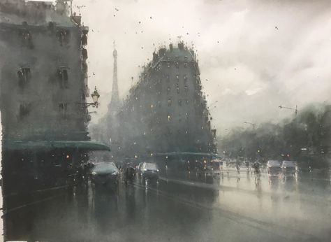 Joseph Zbukvic, "Paris in the Rain", full sheet Impressionist Watercolor, Joseph Zbukvic, Watercolor Architecture, Watercolor Landscape Paintings, On A Rainy Day, A Rainy Day, Watercolor Artist, In The Rain, Artist Painting