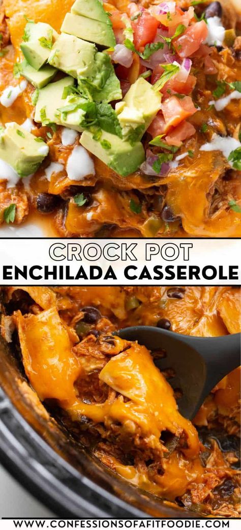 Get all the flavors of your favorite enchilada dinner in this easy one-pot Crockpot Chicken Enchilada Casserole recipe - no rolling tortillas or baking required!  Just layers of tortillas, tender chicken, and cheesy goodness that your whole family will love. Healthy Crockpot Enchiladas, Chicken Enchiladas Crockpot Recipes, Slow Cooker Enchiladas Chicken, Crockpot Enchiladas Beef, Crockpot Beef Enchiladas, Enchilada Crockpot Recipes, Enchilada Casserole Crockpot, Chicken Enchiladas Crock Pot, Crockpot Mexican Recipes