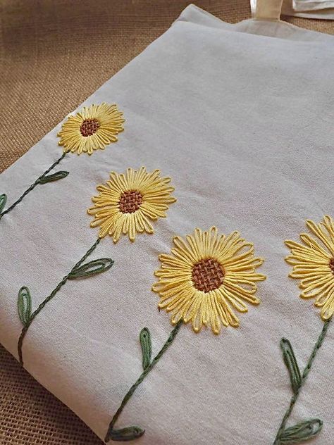 Tote Bag Embroidery, Sunflower Tote Bag, Mindfulness Activity, Sunflower Bag, Diy Hand Embroidery, Bag Embroidery, Simple Embroidery Designs, Embroidered Tote Bag, Tote Bags Sewing