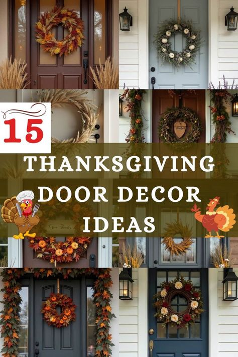 An image showcasing various Thanksgiving door decor ideas, including wreaths, garlands, and seasonal accents, designed to create a warm, inviting entryway for the fall season. Thanksgiving Door Decor, Thanksgiving Front Door, Creative Wreaths, Fall Entryway, Unique Thanksgiving, House Door, Door Decor Ideas, Thanks Giving, House Doors