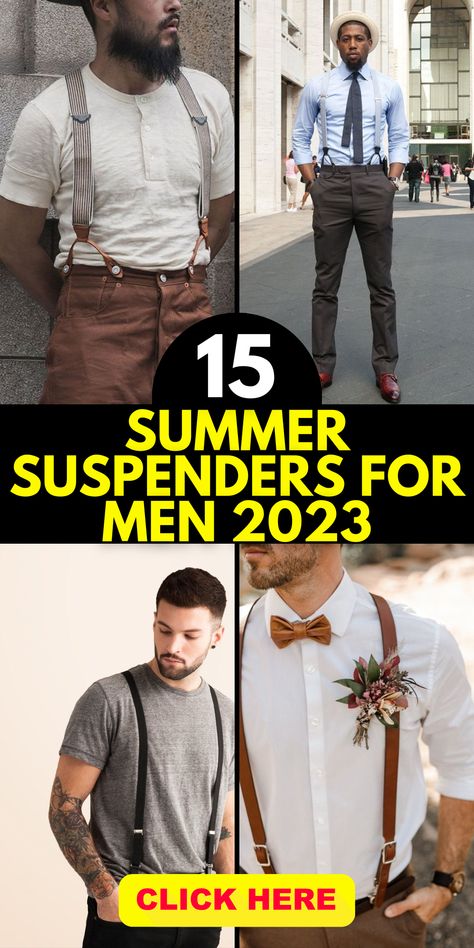 Learn how to wear and style summer suspenders for men with our helpful tips and outfit ideas. Whether you're aiming for a trendy and modern look or a more vintage-inspired vibe, suspenders can be a versatile addition to your wardrobe. From pairing them with dress pants for a formal occasion to incorporating them into a casual outfit, our guide will help you create the perfect ensemble. Suspenders With T Shirt, Men Outfit With Suspenders, Dress Pants With Suspenders Men, Outfit With Suspenders Men, Men’s Suspenders, Mens Suspenders Outfit Casual, Men’s Suspenders Outfit, Suspenders Men Fashion Street Style, Casual Suspender Outfit Men