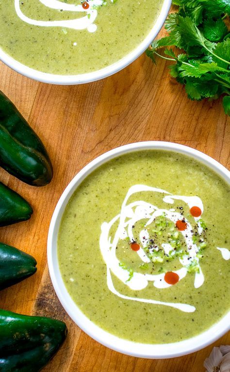 The key to this Roasted Poblano Soup is getting creative with the garnish. Crema, cilantro stems, and a dash of acidity will turn it into something otherworldly. So good! mexicanplease.com Cream Of Poblano Soup Recipe, Poblano Soup Recipe, Roasted Poblano Soup, Poblano Soup, Poblano Peppers Recipes, Poblano Pepper, Roasted Poblano, Chile Poblano, Homemade Chicken Stock