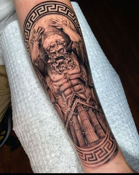 Ancient Greek Tattoo Sleeve, Greek Mythology Tattoos Forearm, Greek Forearm Tattoo, Roman Sleeve Tattoo, Greek Tattoo Ideas, Ancient Greek Tattoo, Tattoo Font For Men, Greek God Tattoo, Roman Tattoo